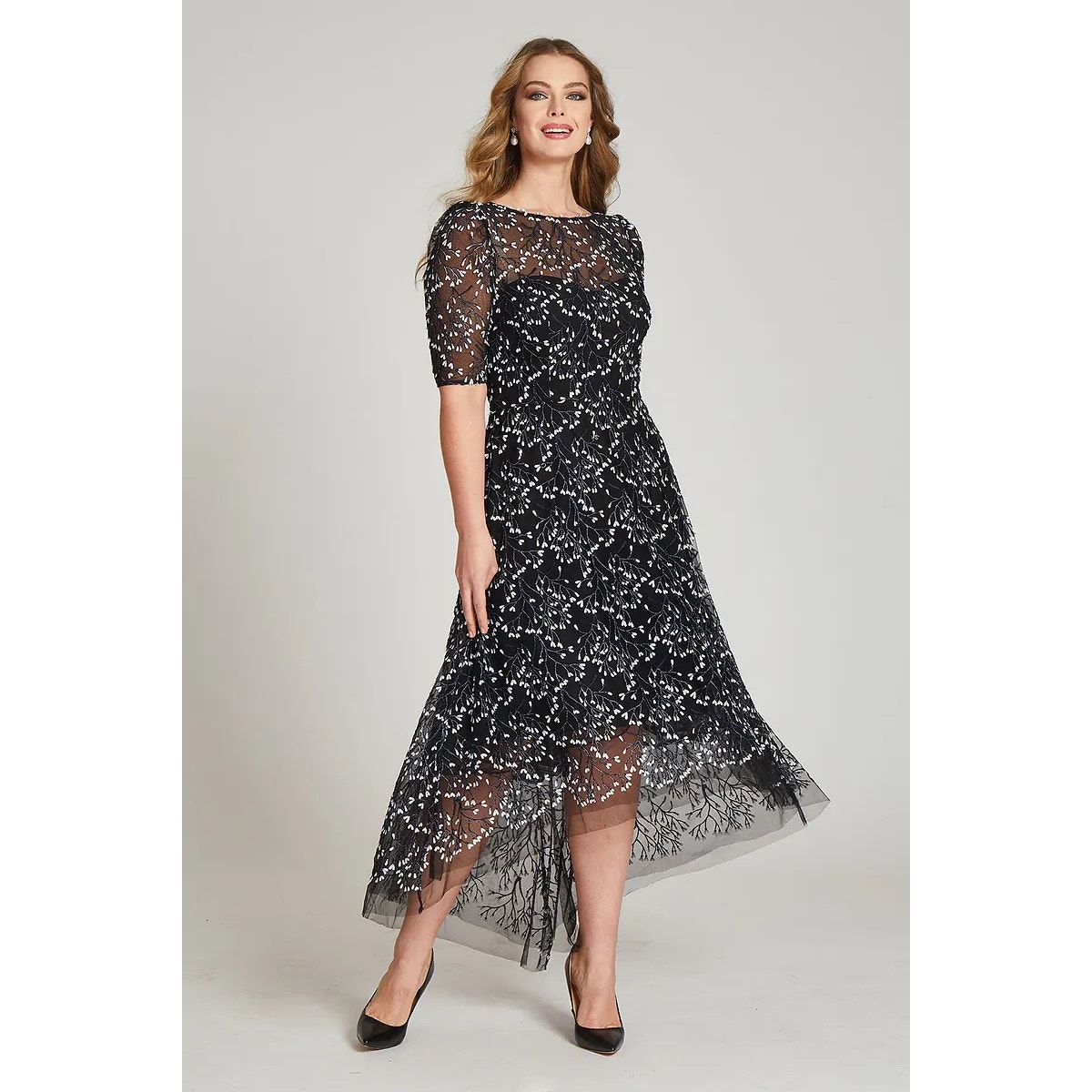 Rickie Freeman For Teri Jon 3d Lace High-Low Cocktail Dress Navy Blue Size 18